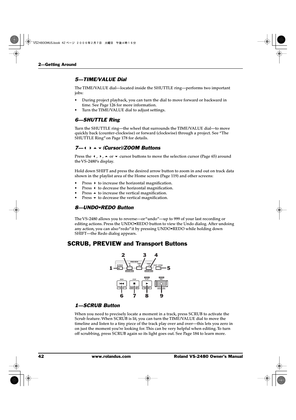 5—time/value dial, 6—shuttle ring, 7—3456(cursor)/zoom buttons | Scrub, preview and transport buttons, 1—scrub button, Cursor)/zoom buttons, 8—undo•redo button | Roland VS-2480 User Manual | Page 42 / 452