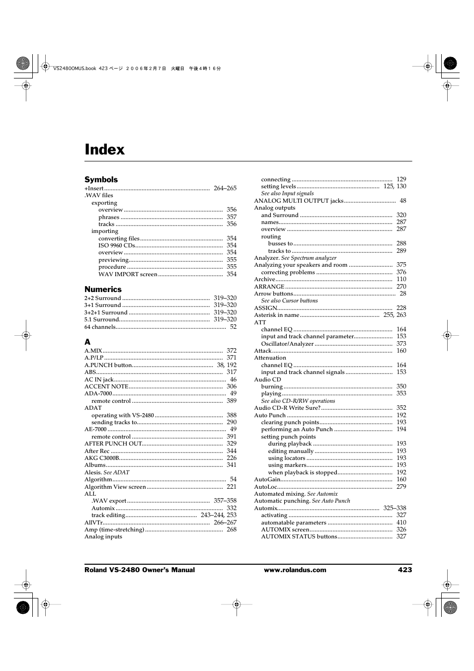 Index, Index 423 | Roland VS-2480 User Manual | Page 423 / 452