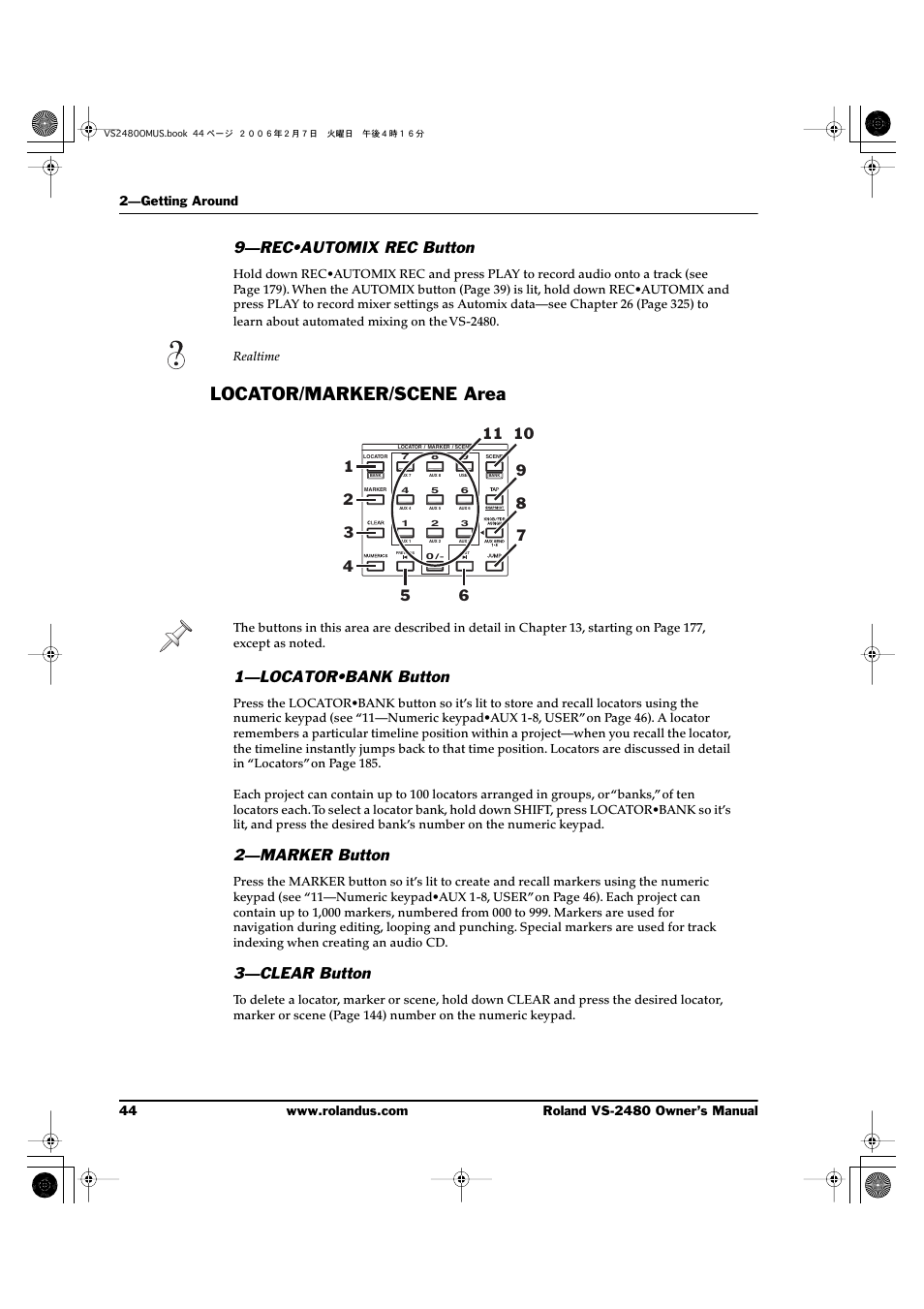 9—rec•automix rec button, Locator/marker/scene area, 1—locator•bank button | 2—marker button, 3—clear button | Roland VS-2480 User Manual | Page 44 / 452