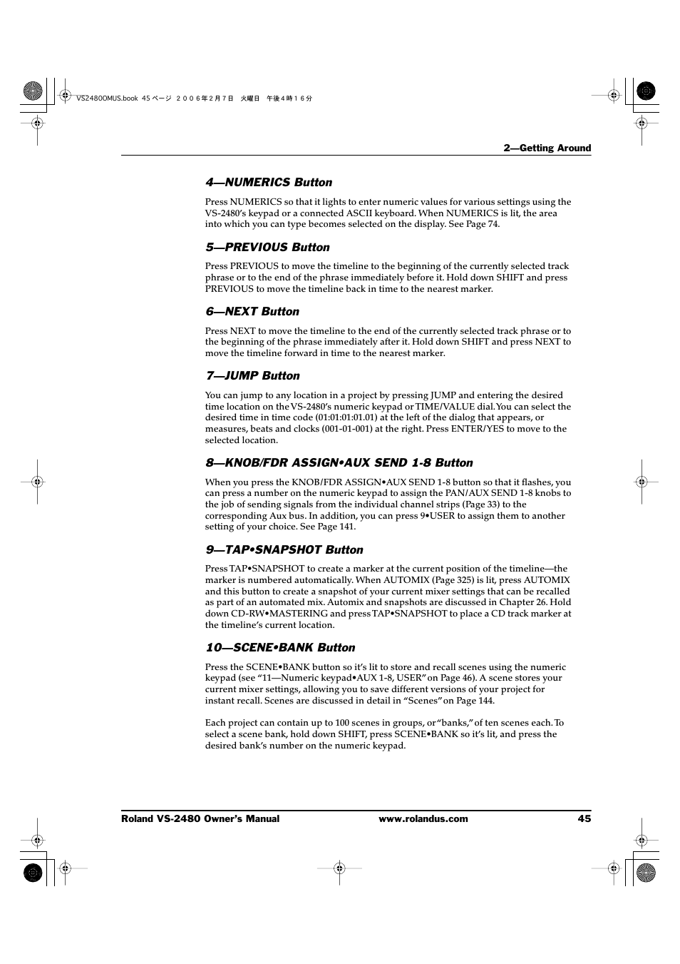 4—numerics button, 5—previous button, 6—next button | 7—jump button, 8—knob/fdr assign•aux send 1-8 button, 9—tap•snapshot button, 10—scene•bank button | Roland VS-2480 User Manual | Page 45 / 452
