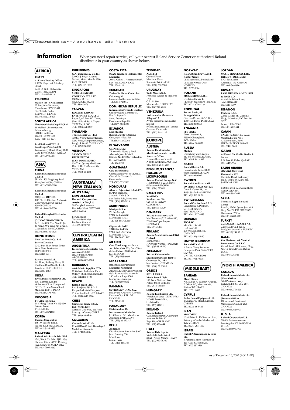 Information | Roland VS-2480 User Manual | Page 450 / 452