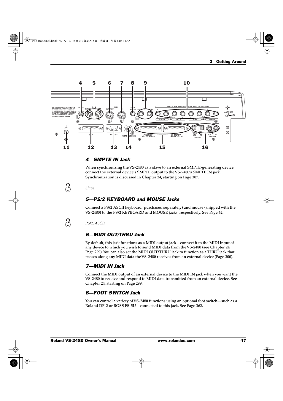 4—smpte in jack, 5—ps/2 keyboard and mouse jacks, 6—midi out/thru jack | 7—midi in jack, 8—foot switch jack | Roland VS-2480 User Manual | Page 47 / 452