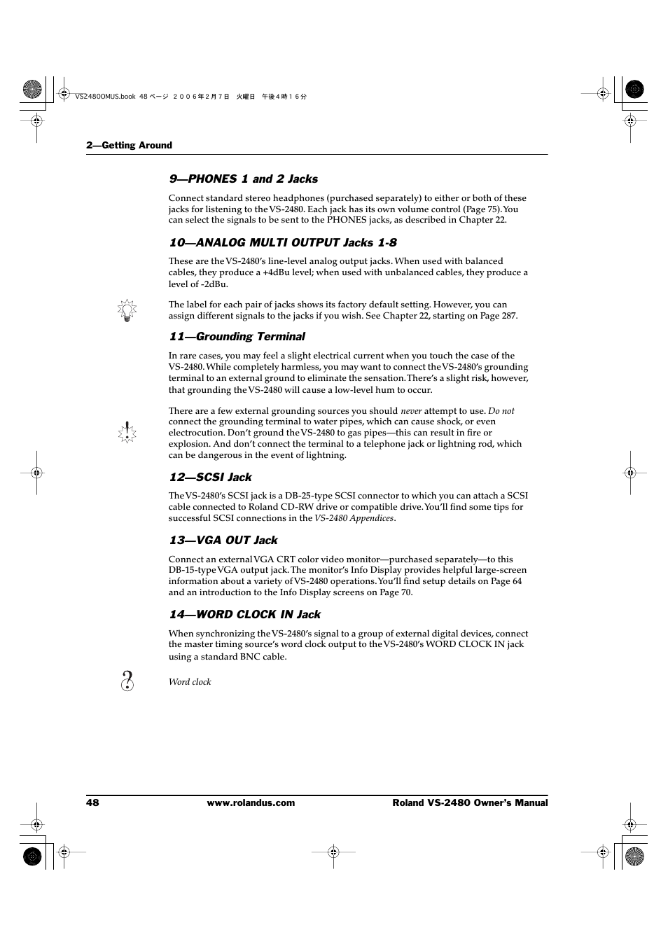 9—phones 1 and 2 jacks, 10—analog multi output jacks 1-8, 11—grounding terminal | 12—scsi jack, 13—vga out jack, 14—word clock in jack | Roland VS-2480 User Manual | Page 48 / 452