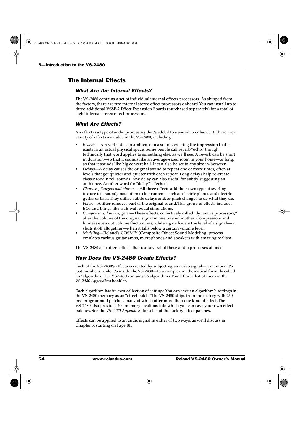 The internal effects, What are the internal effects, What are effects | How does the vs-2480 create effects | Roland VS-2480 User Manual | Page 54 / 452