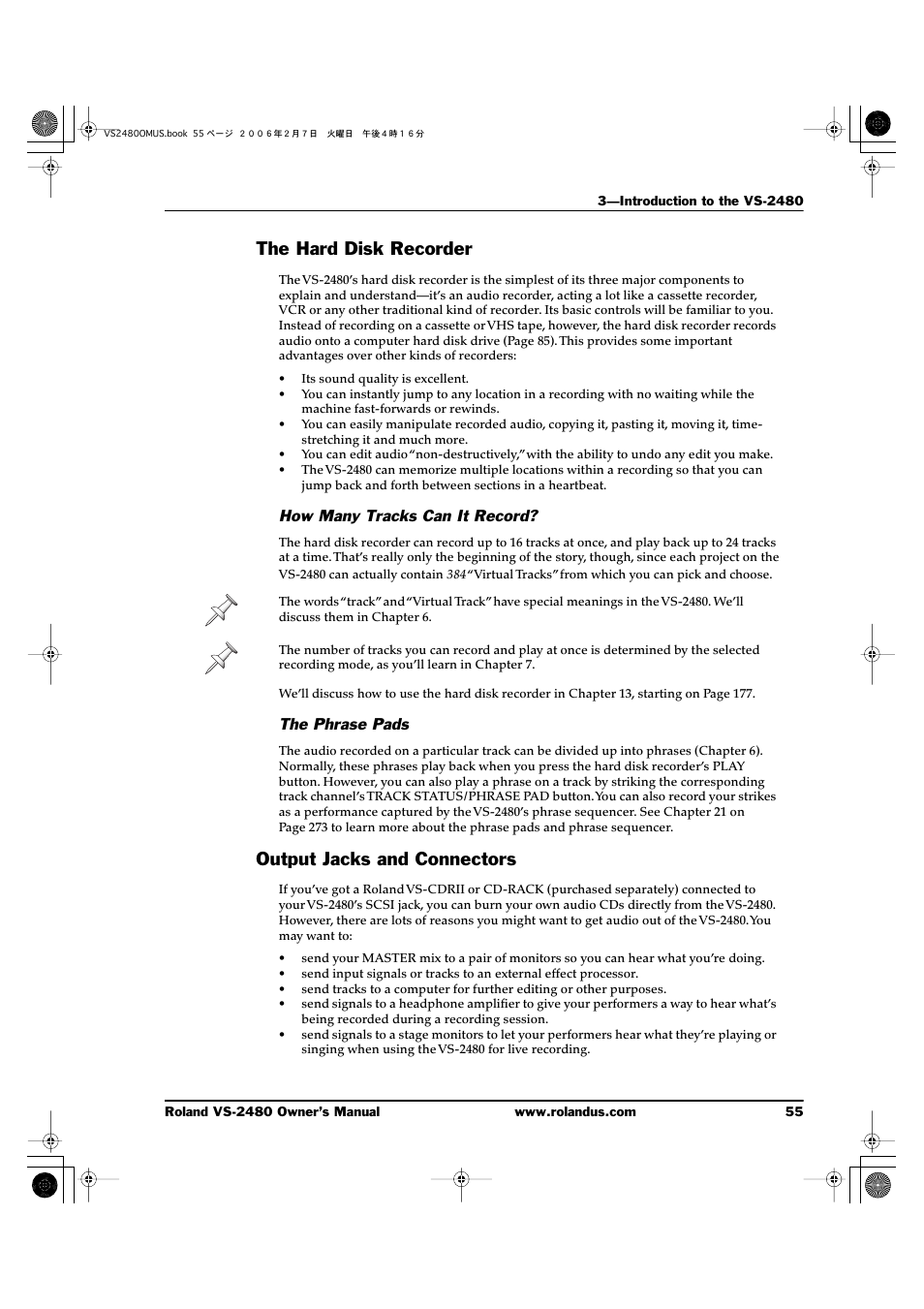 The hard disk recorder, How many tracks can it record, The phrase pads | Output jacks and connectors, The hard disk recorder output jacks and connectors | Roland VS-2480 User Manual | Page 55 / 452