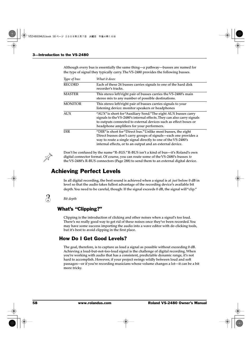 Achieving perfect levels, What’s “clipping, How do i get good levels | What’s “clipping?” how do i get good levels | Roland VS-2480 User Manual | Page 58 / 452
