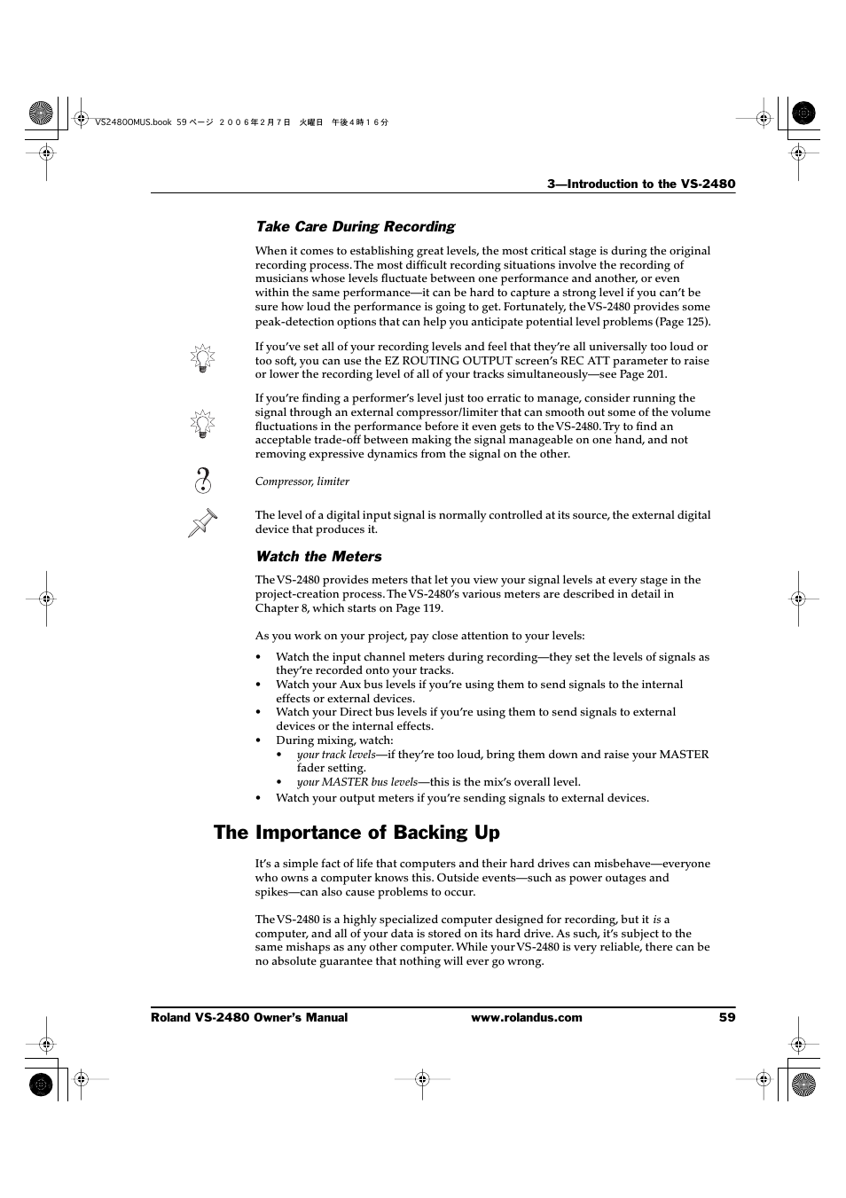 Take care during recording, Watch the meters, The importance of backing up | Roland VS-2480 User Manual | Page 59 / 452