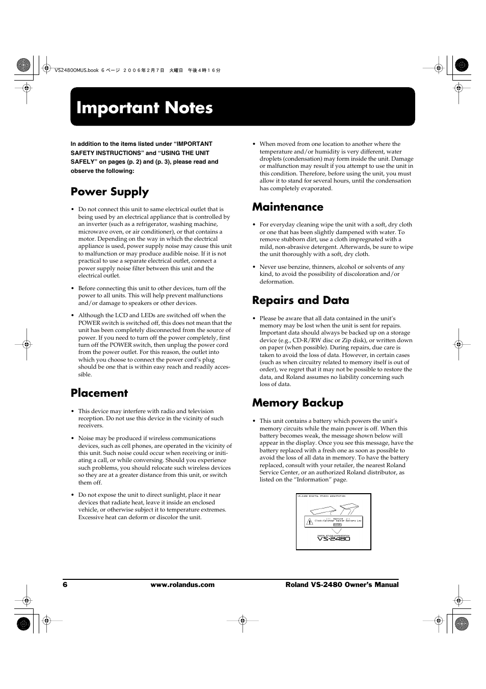 Important notes, Power supply, Placement | Maintenance, Repairs and data | Roland VS-2480 User Manual | Page 6 / 452