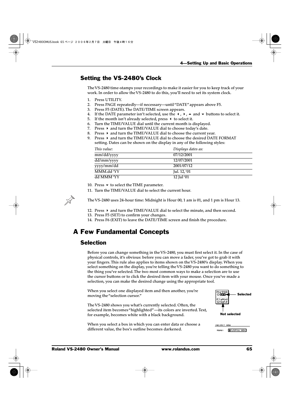 Setting the vs-2480’s clock, A few fundamental concepts, Selection | Roland VS-2480 User Manual | Page 65 / 452