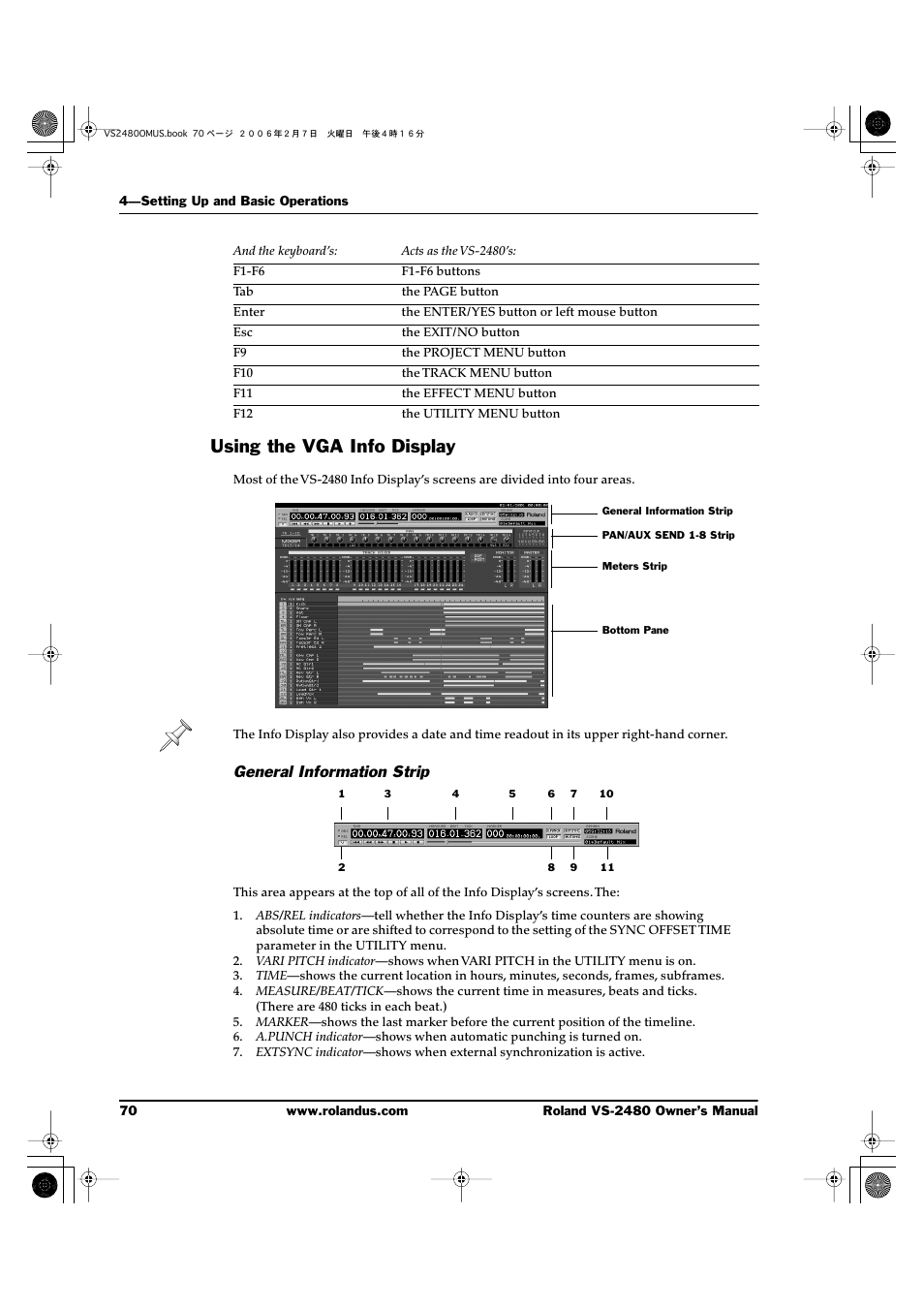 Using the vga info display, General information strip | Roland VS-2480 User Manual | Page 70 / 452