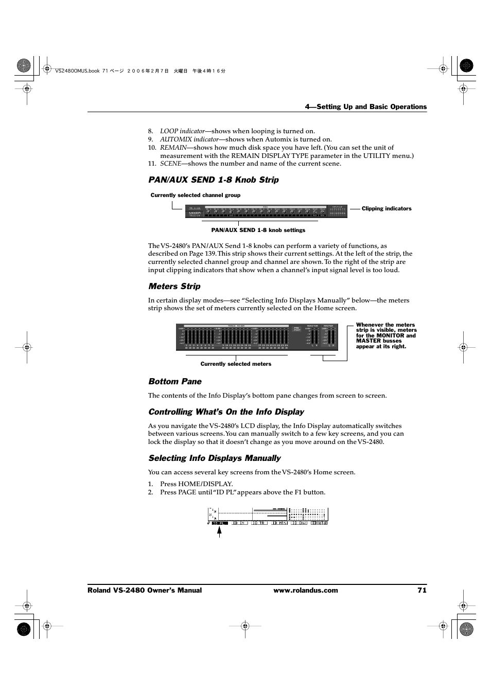 Pan/aux send 1-8 knob strip, Meters strip, Bottom pane | Controlling what’s on the info display, Selecting info displays manually | Roland VS-2480 User Manual | Page 71 / 452