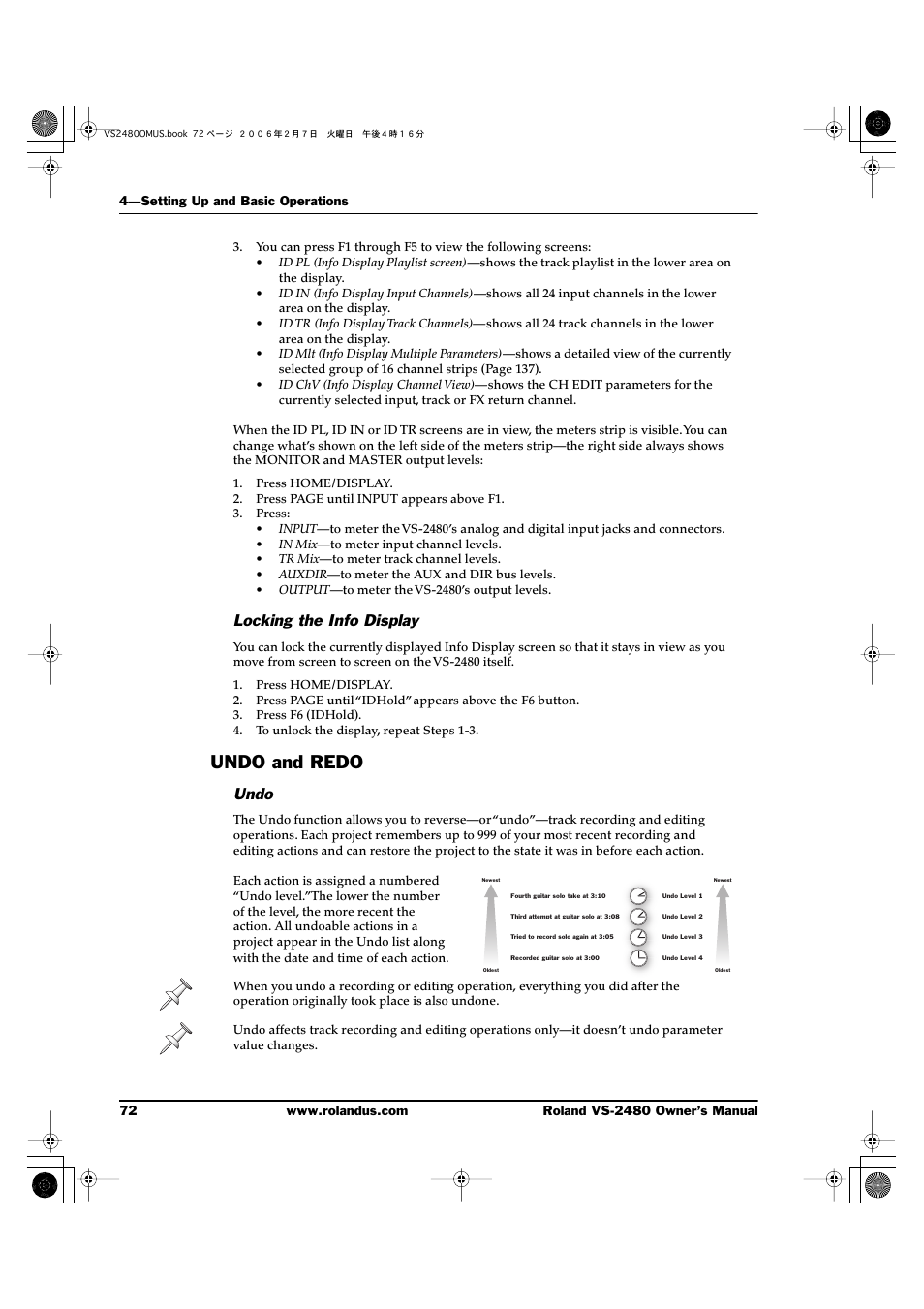 Locking the info display, Undo and redo, Undo | Roland VS-2480 User Manual | Page 72 / 452