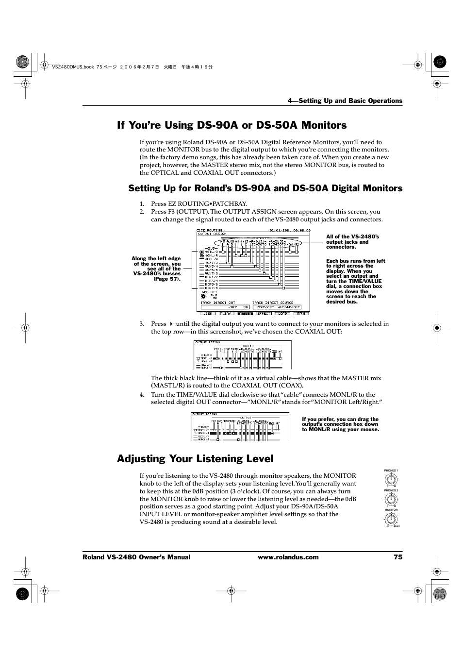 If you’re using ds-90a or ds-50a monitors, Adjusting your listening level | Roland VS-2480 User Manual | Page 75 / 452