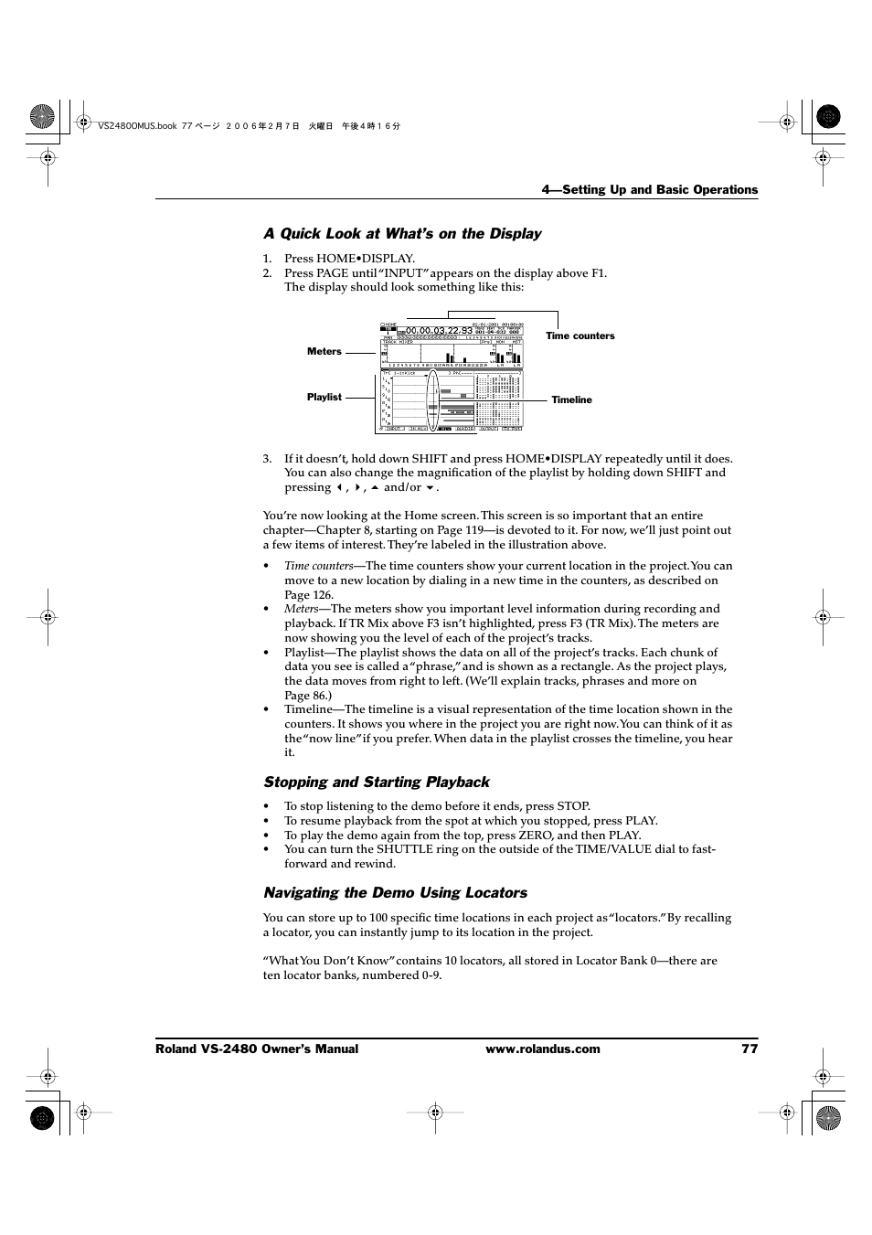 A quick look at what’s on the display, Stopping and starting playback, Navigating the demo using locators | Roland VS-2480 User Manual | Page 77 / 452