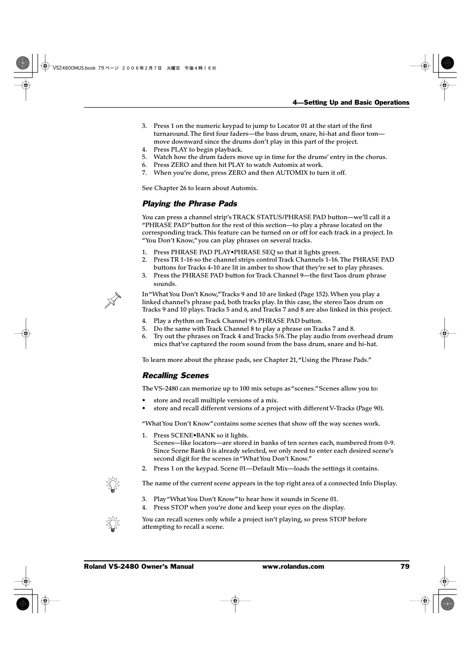 Playing the phrase pads, Recalling scenes | Roland VS-2480 User Manual | Page 79 / 452