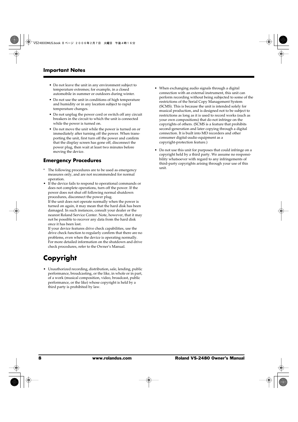 Copyright | Roland VS-2480 User Manual | Page 8 / 452