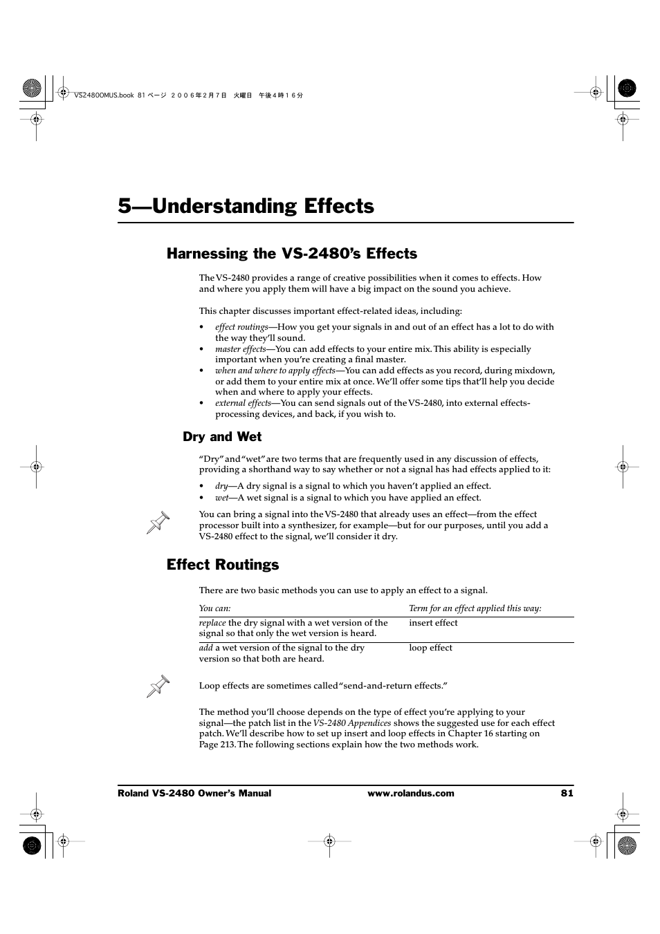 5—understanding effects, Harnessing the vs-2480’s effects, Dry and wet | Effect routings, 5—understanding effects 81 | Roland VS-2480 User Manual | Page 81 / 452