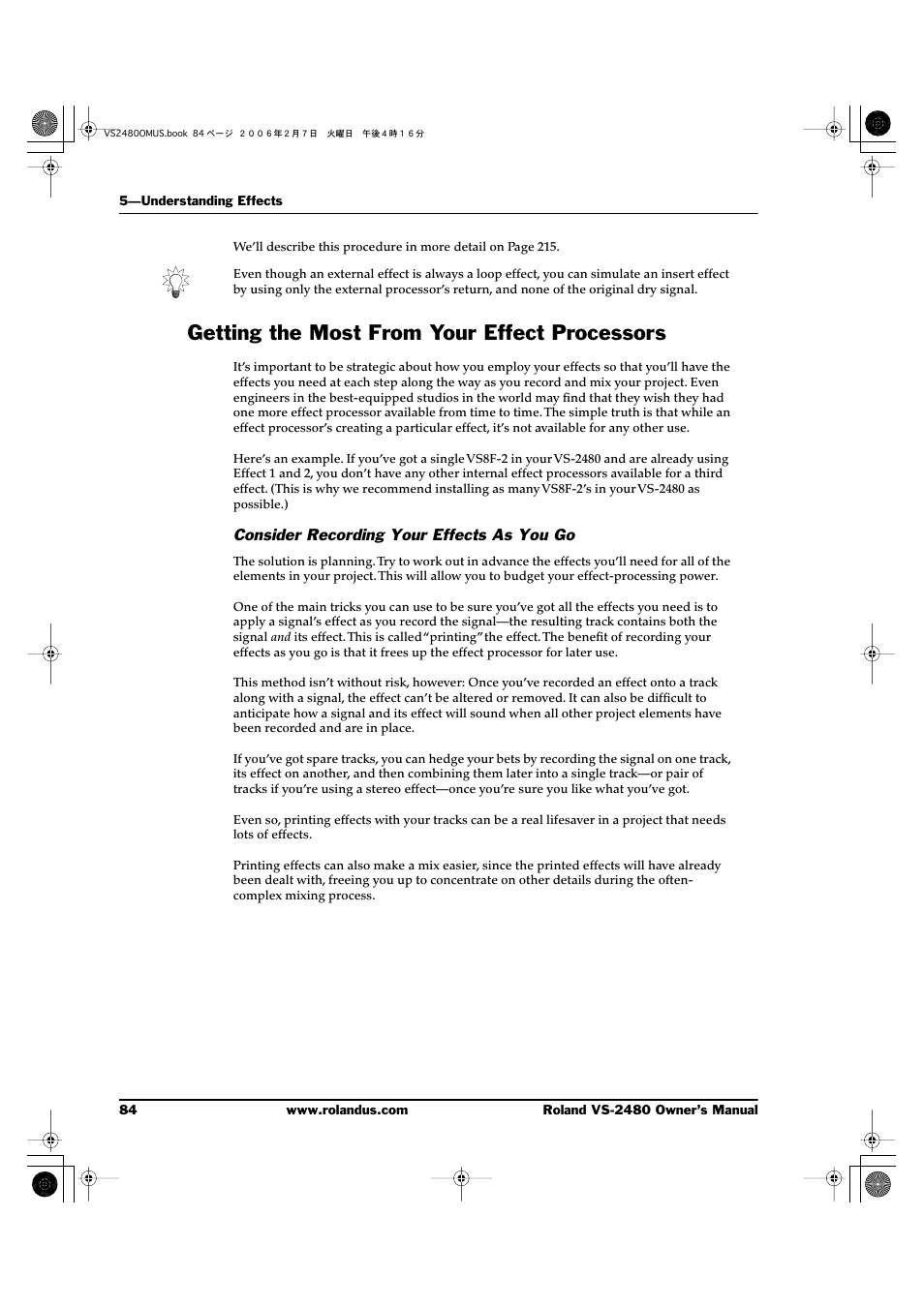 Getting the most from your effect processors, Consider recording your effects as you go | Roland VS-2480 User Manual | Page 84 / 452