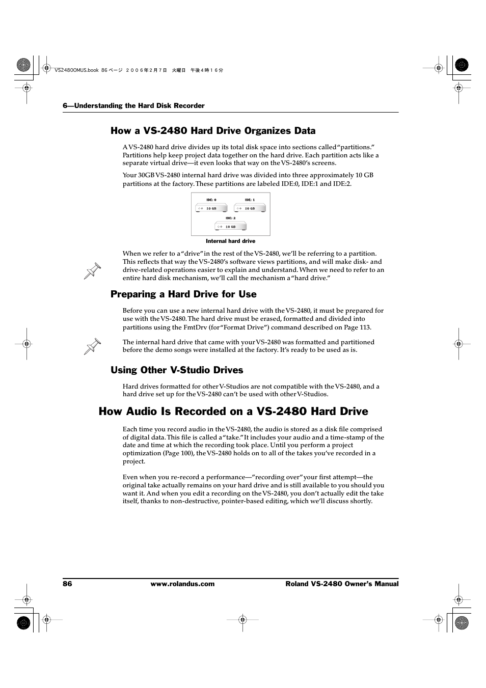 How a vs-2480 hard drive organizes data, Preparing a hard drive for use, Using other v-studio drives | How audio is recorded on a vs-2480 hard drive | Roland VS-2480 User Manual | Page 86 / 452