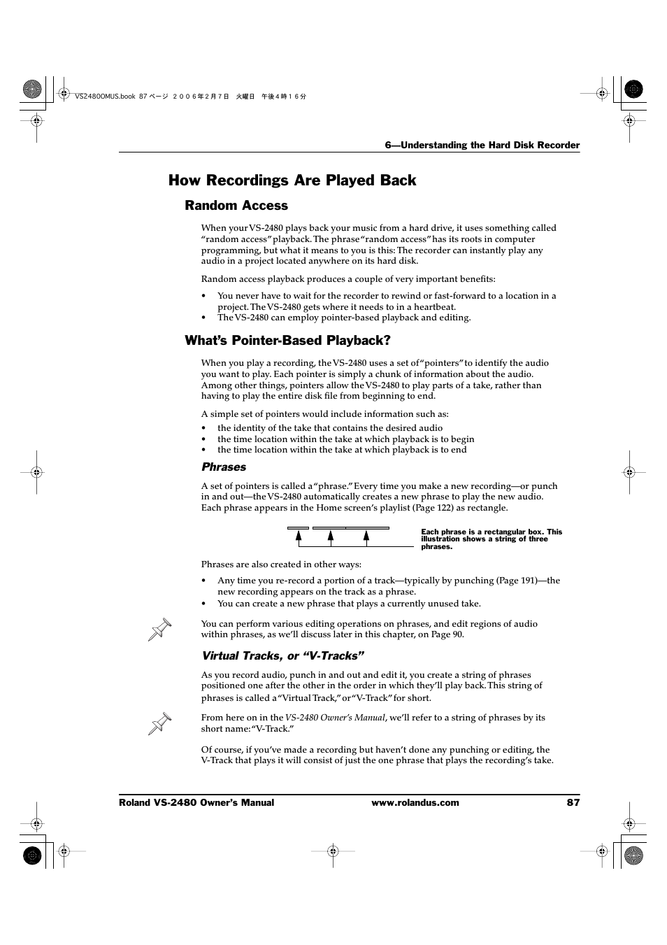 How recordings are played back, Random access, What’s pointer-based playback | Phrases, Virtual tracks, or “v-tracks, Random access what’s pointer-based playback | Roland VS-2480 User Manual | Page 87 / 452