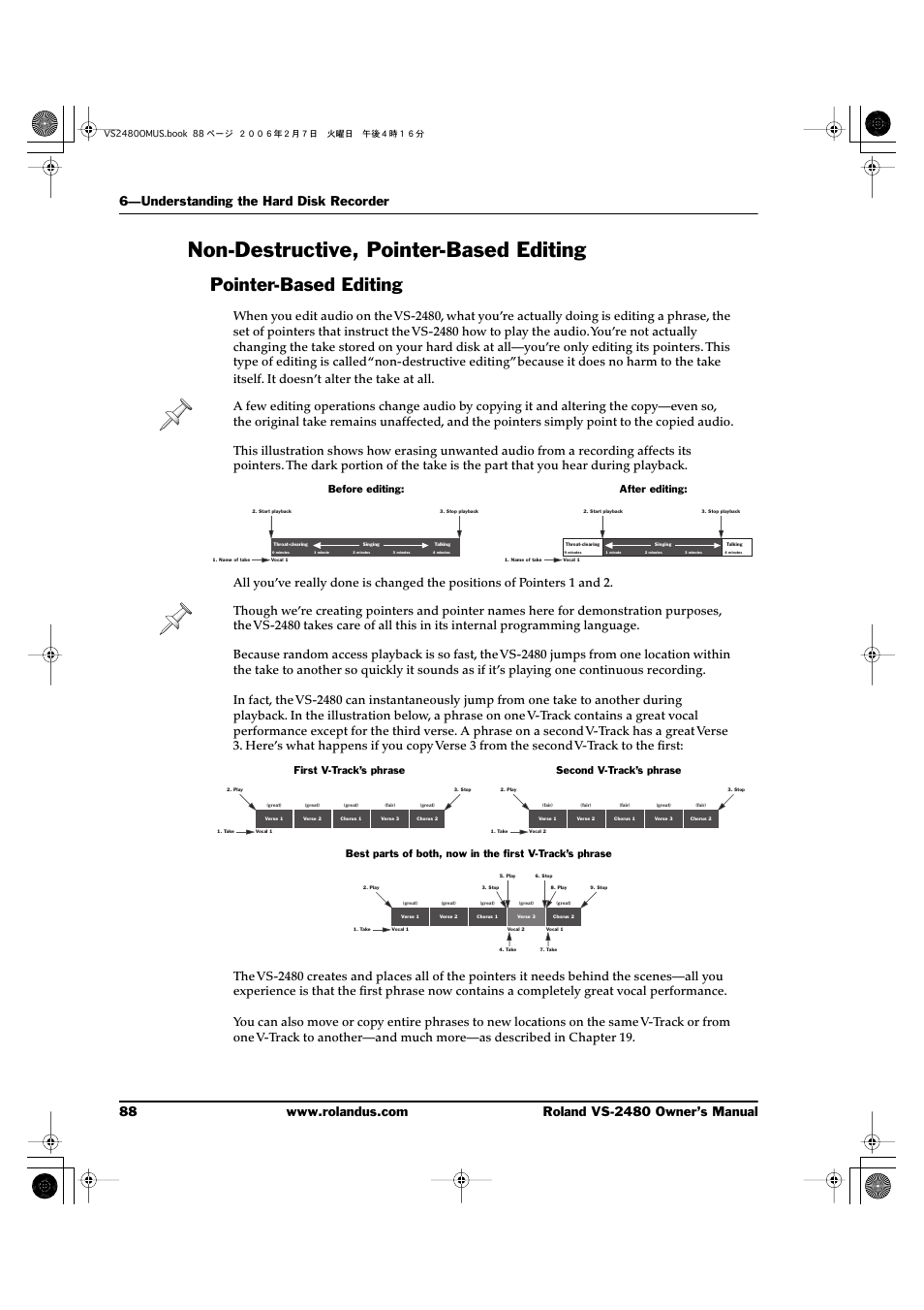 Non-destructive, pointer-based editing, Pointer-based editing, Before editing: after editing | Roland VS-2480 User Manual | Page 88 / 452