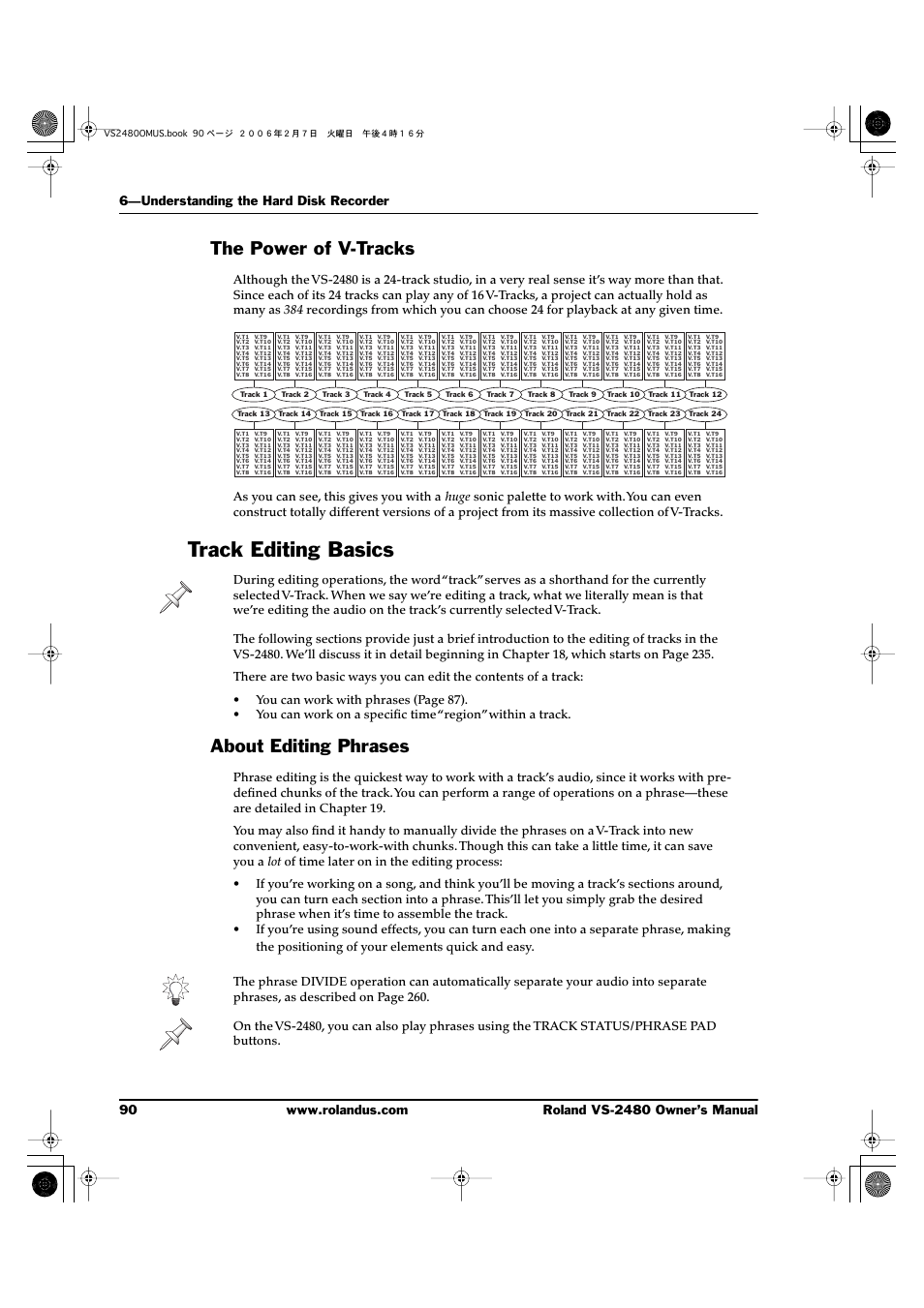 The power of v-tracks, Track editing basics, About editing phrases | Roland VS-2480 User Manual | Page 90 / 452