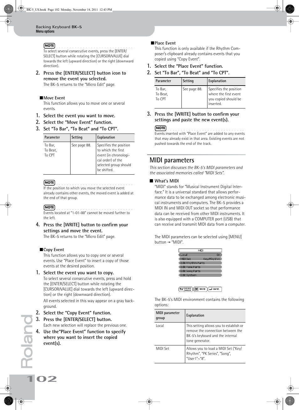 Midi parameters, The bk-5’s midi parameters (see p. 102) | Roland Backing Keyboard BK-5 User Manual | Page 102 / 152