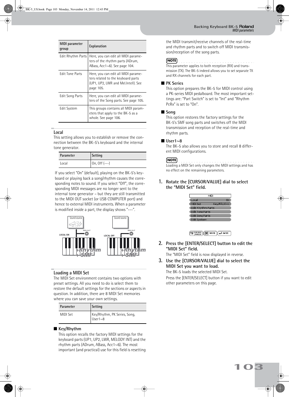 Local, Loading a midi set, Local loading a midi set | Roland Backing Keyboard BK-5 User Manual | Page 103 / 152