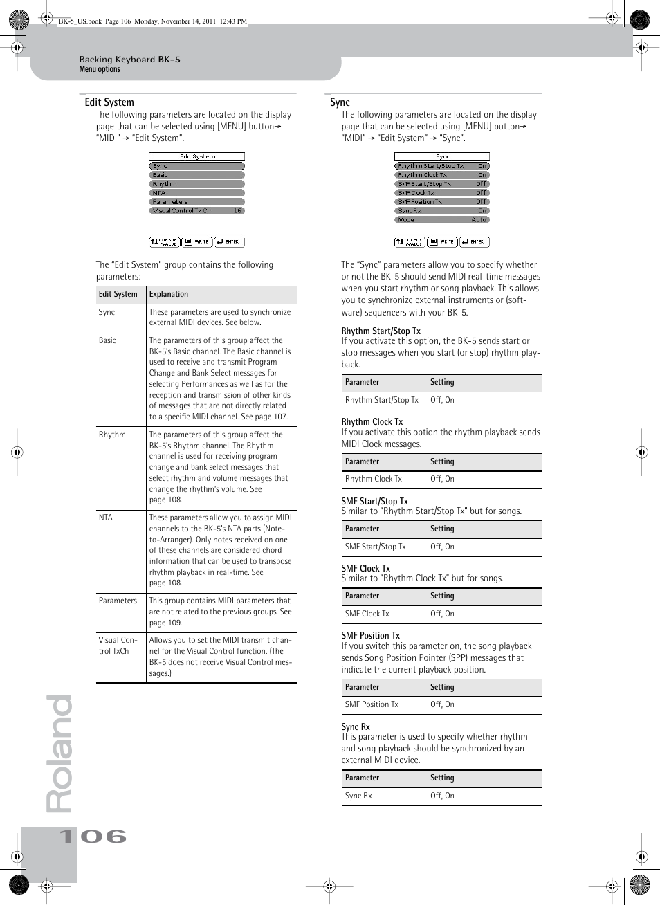 Edit system, Sync, Rhythm start/stop tx | Rhythm clock tx, Smf start/stop tx, Smf clock tx, Smf position tx, Sync rx, Edit system sync | Roland Backing Keyboard BK-5 User Manual | Page 106 / 152