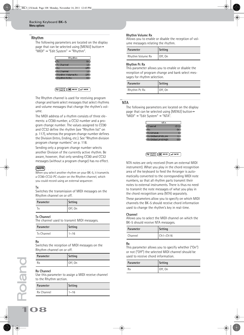 Rhythm, Tx channel, Rx channel | Rhythm volume rx, Rhythm pc rx, Channel, Rhythm nta | Roland Backing Keyboard BK-5 User Manual | Page 108 / 152