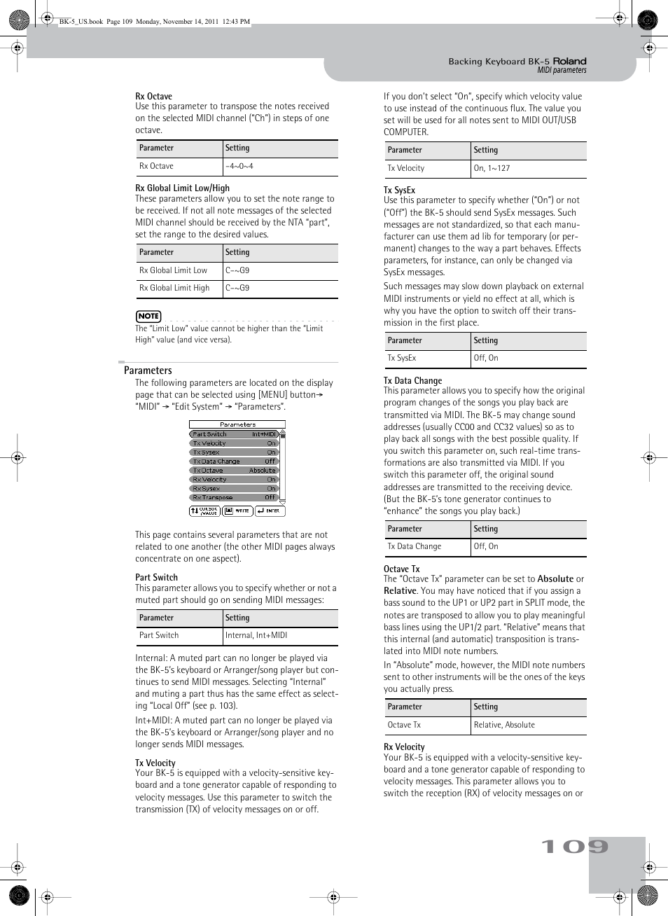 Rx octave, Rx global limit low/high, Parameters | Part switch, Tx velocity, Tx sysex, Tx data change, Octave tx, Rx velocity | Roland Backing Keyboard BK-5 User Manual | Page 109 / 152