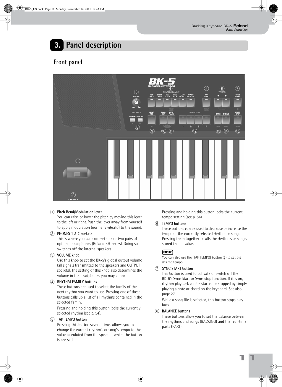 Panel description, Front panel, 11 3. panel description | Roland Backing Keyboard BK-5 User Manual | Page 11 / 152