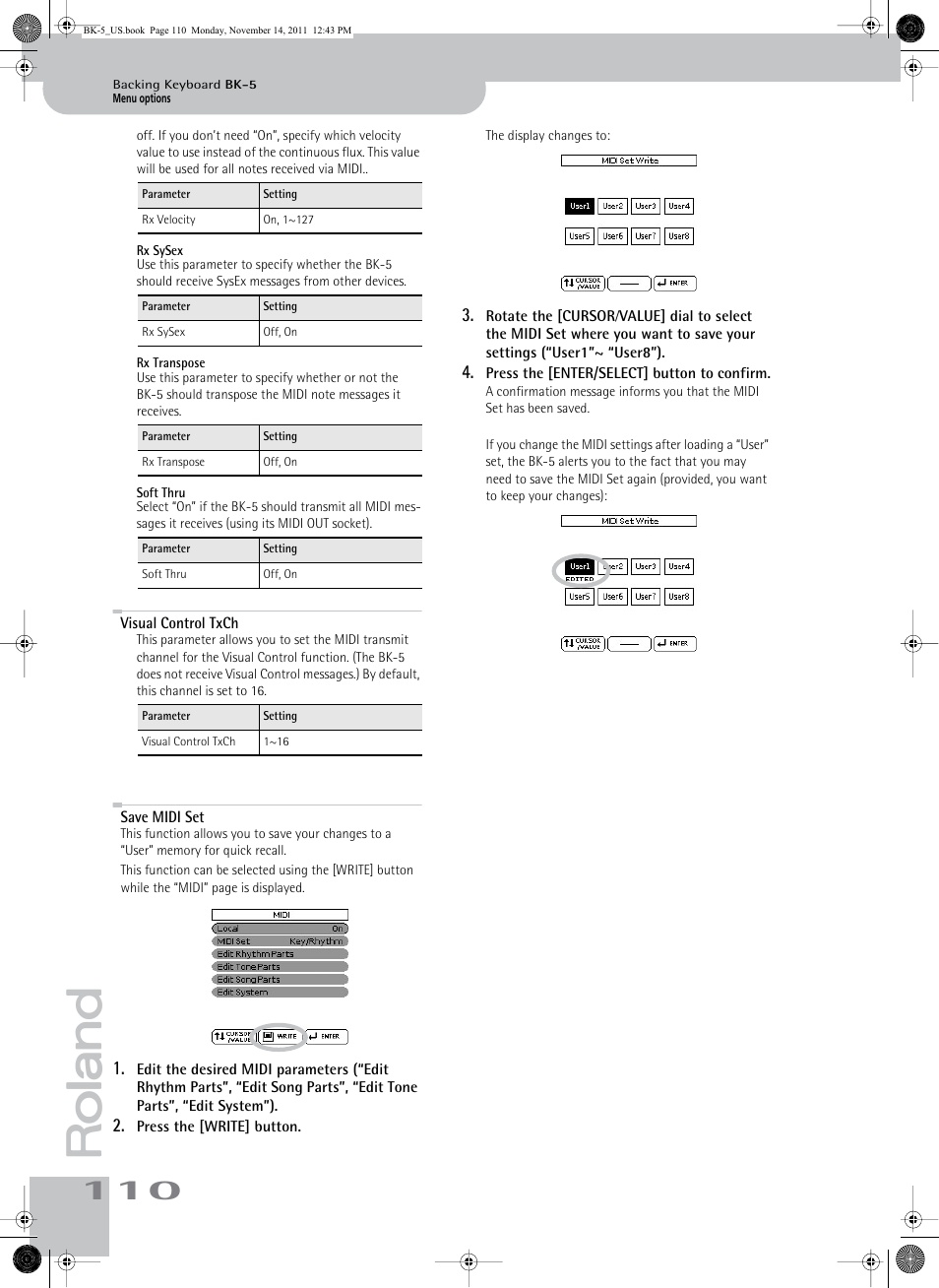 Rx sysex, Rx transpose, Soft thru | Visual control txch, Save midi set, Visual control txch save midi set | Roland Backing Keyboard BK-5 User Manual | Page 110 / 152