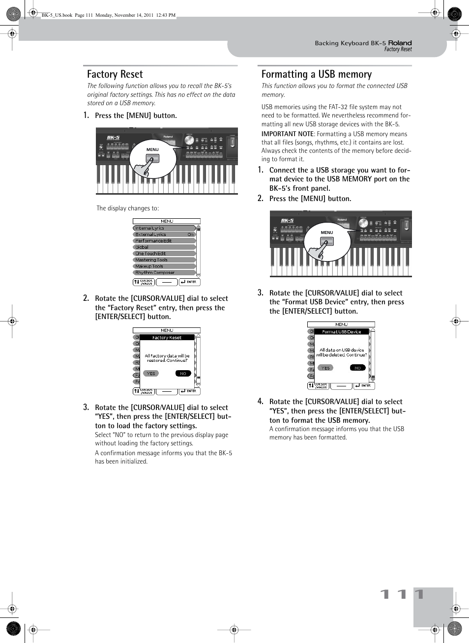 Factory reset, Formatting a usb memory, Factory reset formatting a usb memory | Bk-5’s factory settings (see p. 111), Optional usb memory (see p. 111) | Roland Backing Keyboard BK-5 User Manual | Page 111 / 152