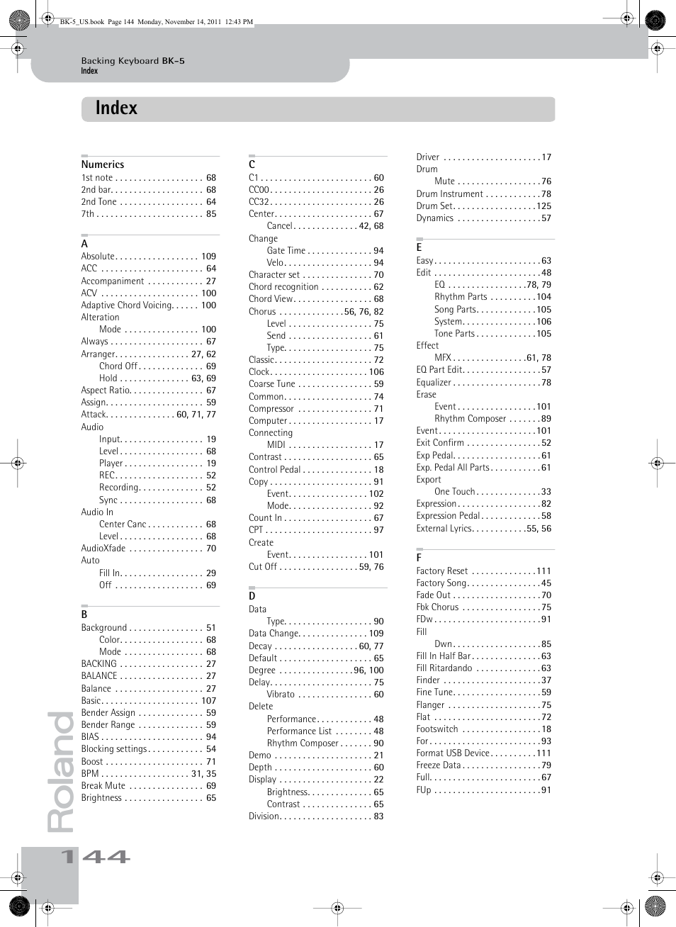 Index | Roland Backing Keyboard BK-5 User Manual | Page 144 / 152