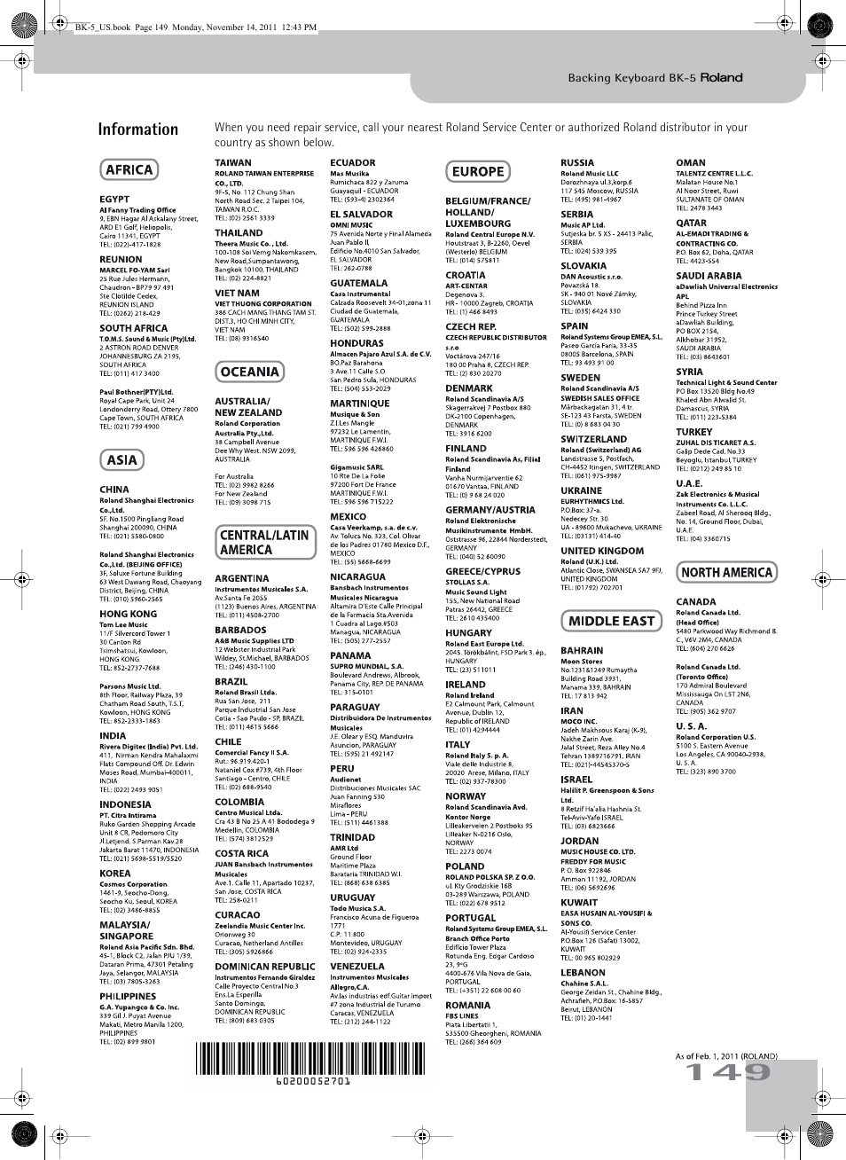 Information | Roland Backing Keyboard BK-5 User Manual | Page 149 / 152