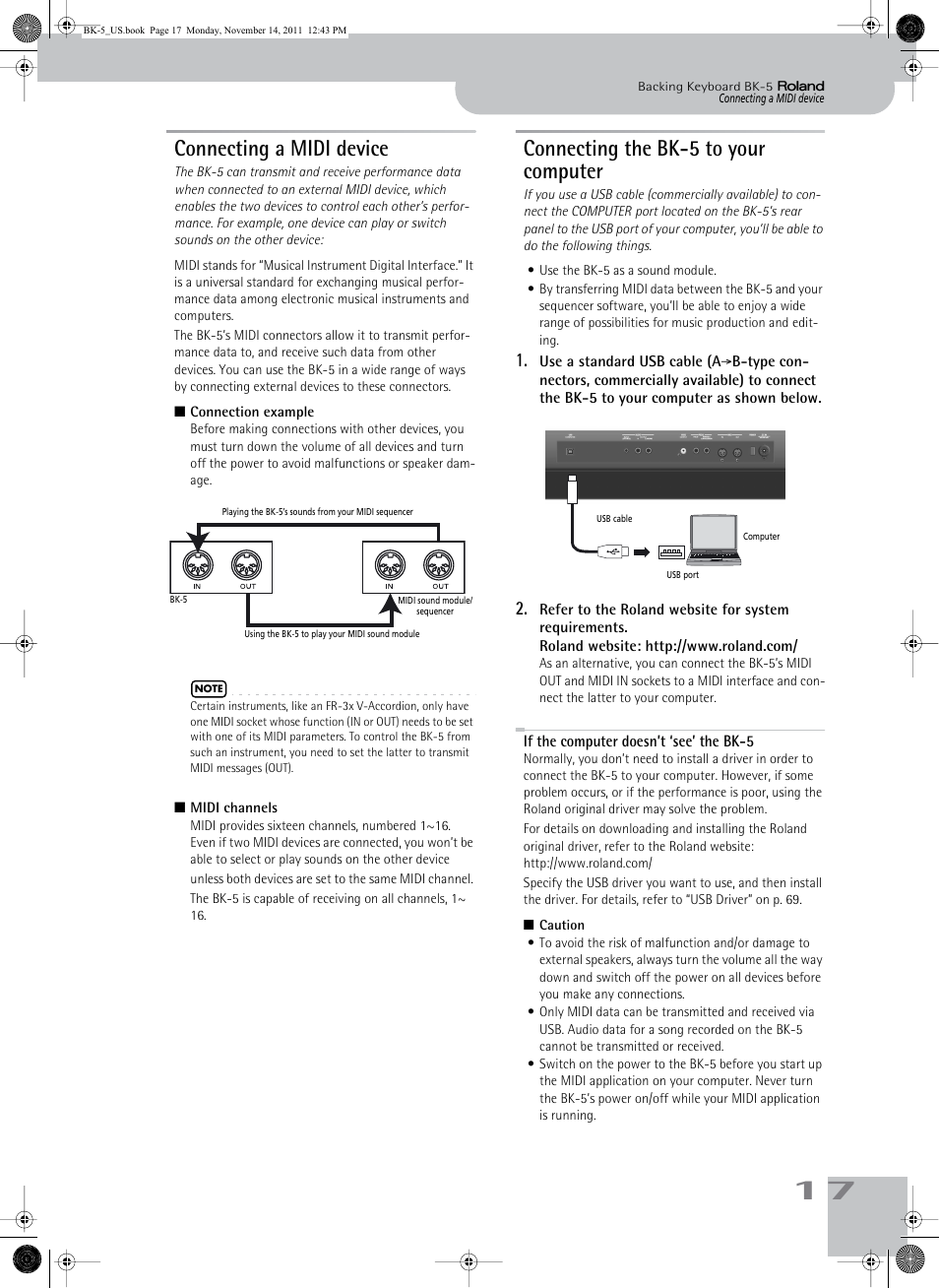 Connecting a midi device, Connecting the bk5 to your computer, If the computer doesn’t ‘see’ the bk5 | If the computer doesn’t ‘see’ the bk-5, Connecting the bk-5 to your computer | Roland Backing Keyboard BK-5 User Manual | Page 17 / 152