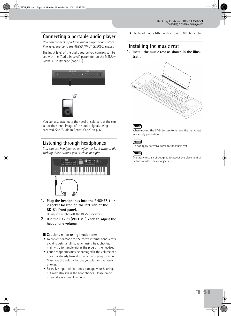 Connecting a portable audio player, Listening through headphones, Installing the music rest | Roland Backing Keyboard BK-5 User Manual | Page 19 / 152