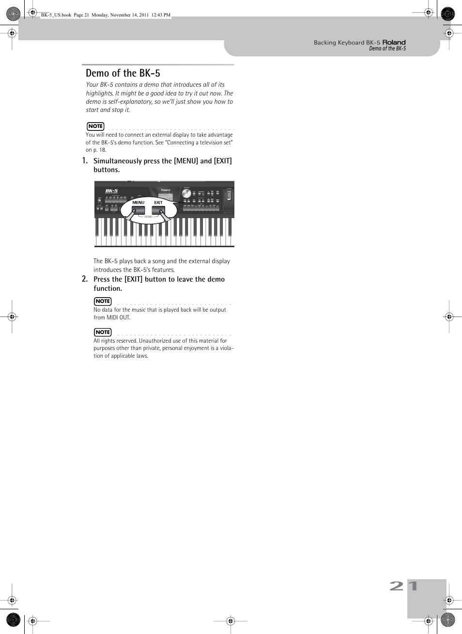 Demo of the bk5, Demo of the bk-5 | Roland Backing Keyboard BK-5 User Manual | Page 21 / 152
