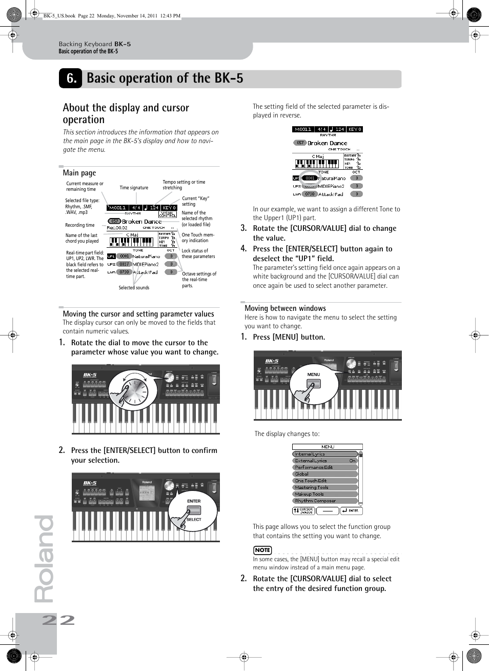 Basic operation of the bk5, About the display and cursor operation, Moving the cursor and setting parameter values | Moving between windows, Basic operation of the bk-5 | Roland Backing Keyboard BK-5 User Manual | Page 22 / 152