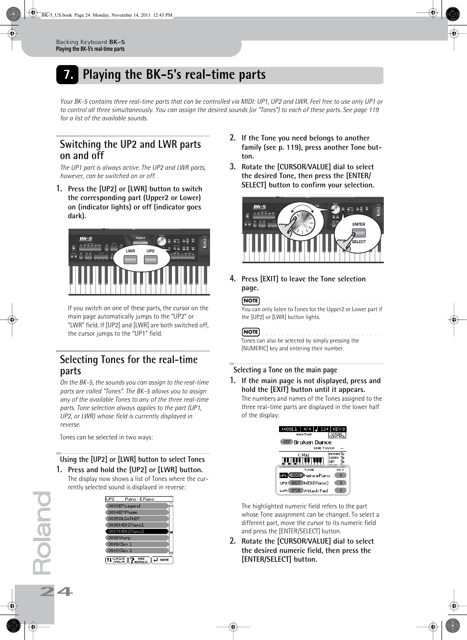 Playing the bk5’s real-time parts, Switching the up2 and lwr parts on and off, Selecting tones for the real-time parts | Using the [up2] or [lwr] button to select tones, Playing the bk-5’s real-time parts | Roland Backing Keyboard BK-5 User Manual | Page 24 / 152
