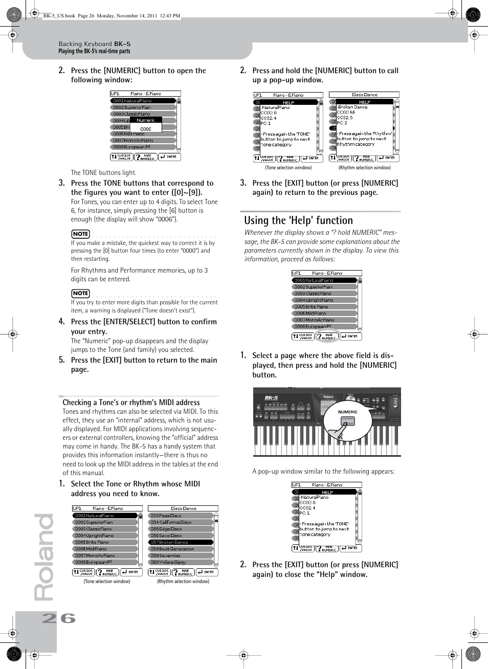 Checking a tone’s or rhythm’s midi address, Using the ‘help’ function | Roland Backing Keyboard BK-5 User Manual | Page 26 / 152