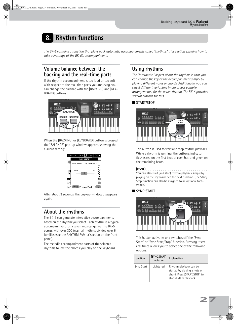 Rhythm functions, About the rhythms, Using rhythms | 27 8. rhythm functions | Roland Backing Keyboard BK-5 User Manual | Page 27 / 152