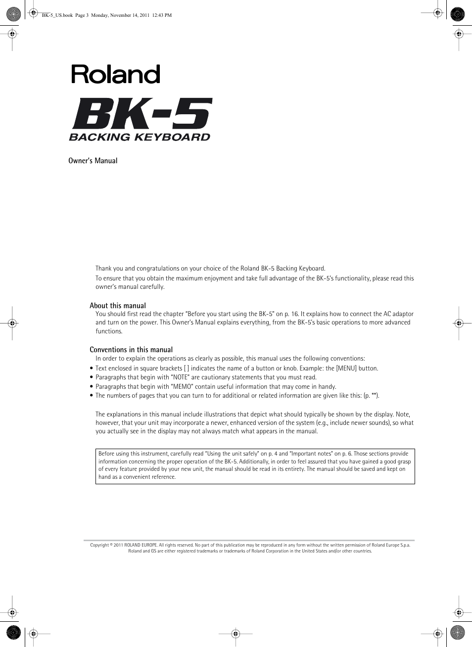 Roland Backing Keyboard BK-5 User Manual | Page 3 / 152