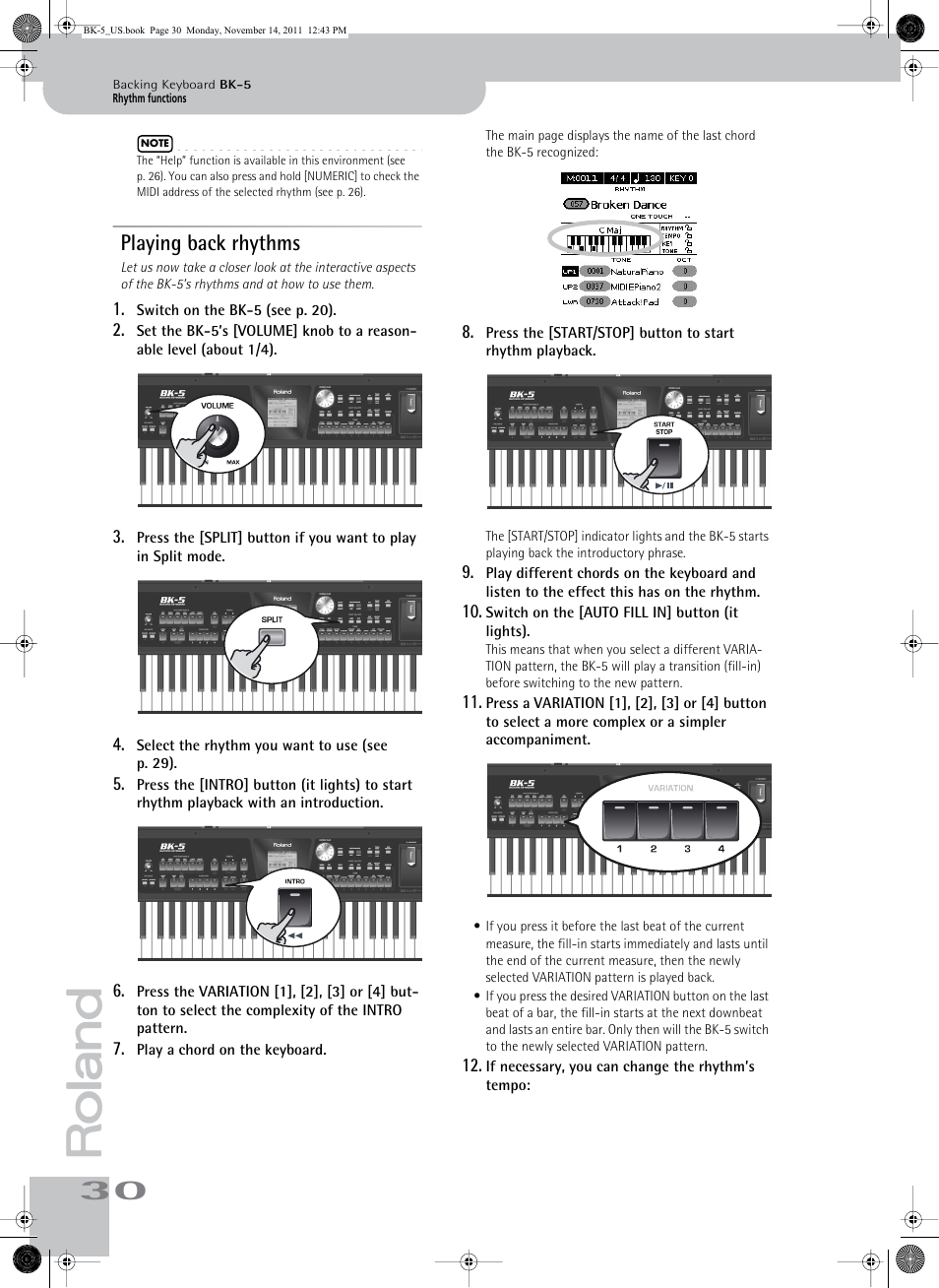Playing back rhythms | Roland Backing Keyboard BK-5 User Manual | Page 30 / 152