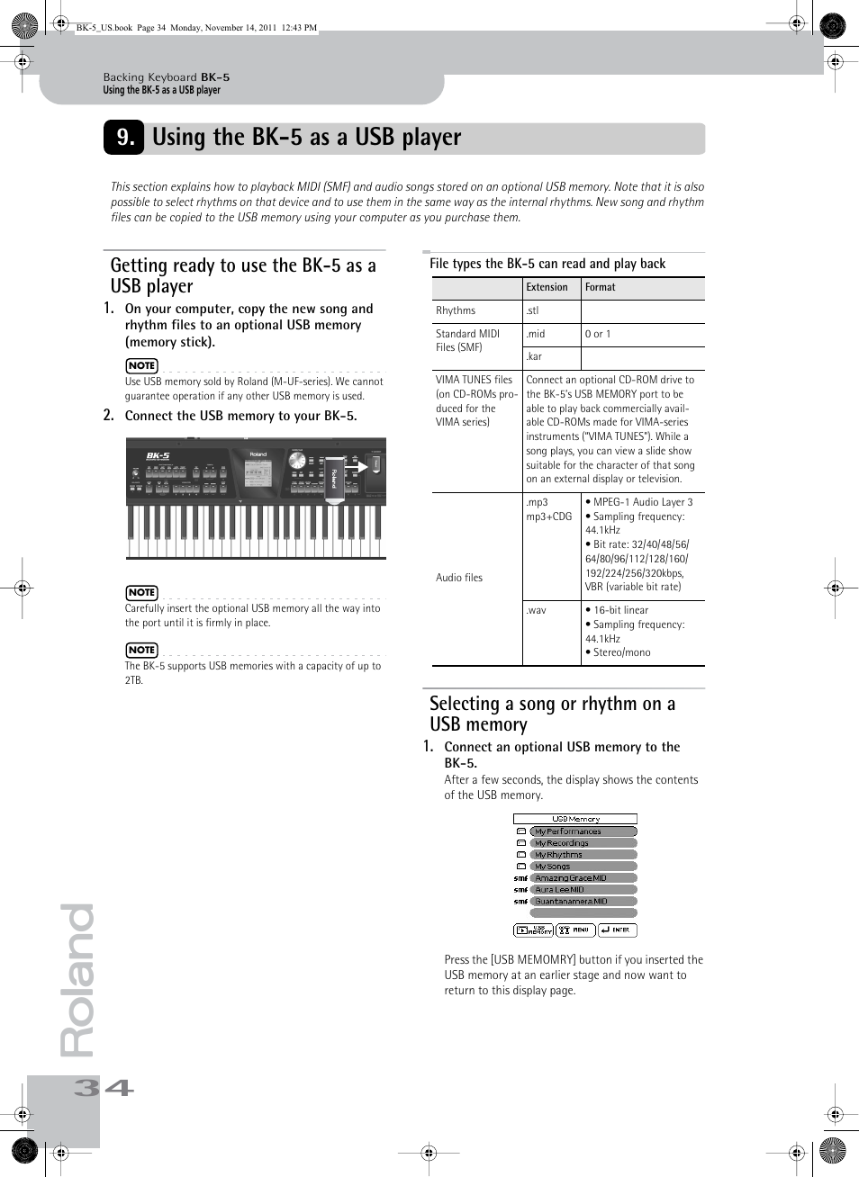 Using the bk5 as a usb player, Getting ready to use the bk5 as a usb player, File types the bk5 can read and play back | Selecting a song or rhythm on a usb memory, Using the bk-5 as a usb player, Getting ready to use the bk-5 as a usb player, File types the bk-5 can read and play back | Roland Backing Keyboard BK-5 User Manual | Page 34 / 152