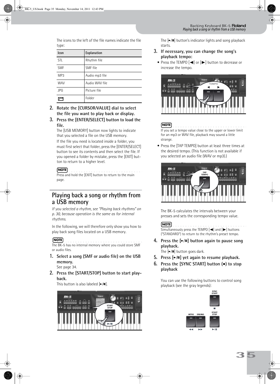 Playing back a song or rhythm from a usb memory, Playing back a song or rhythm from a usb memory35 | Roland Backing Keyboard BK-5 User Manual | Page 35 / 152