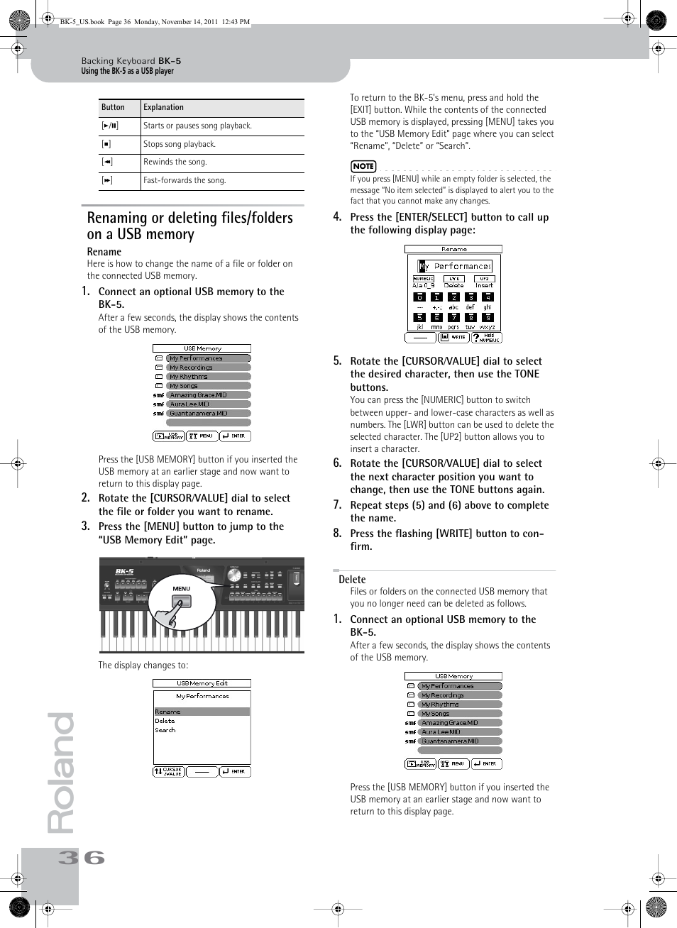 Renaming or deleting files/folders on a usb memory, Delete, Rename delete | Roland Backing Keyboard BK-5 User Manual | Page 36 / 152