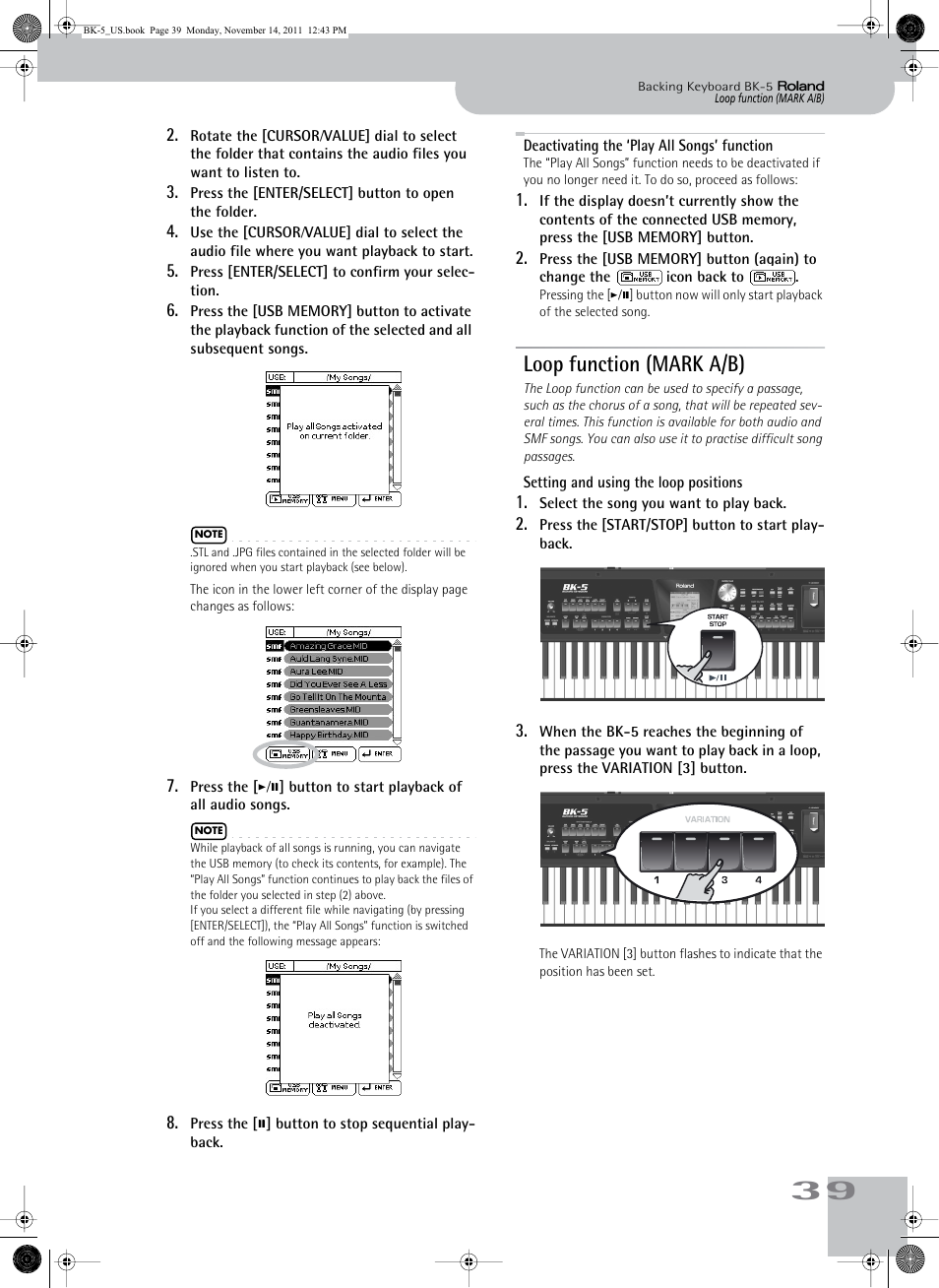 Deactivating the ‘play all songs’ function, Loop function (mark a/b), Setting and using the loop positions | Roland Backing Keyboard BK-5 User Manual | Page 39 / 152