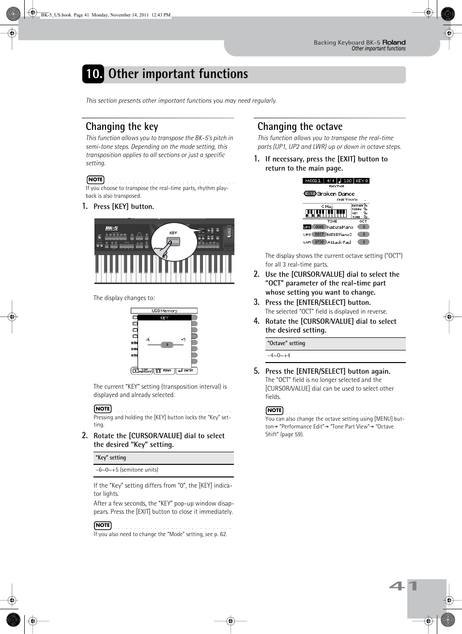 Other important functions, Changing the key, Changing the octave | Changing the key changing the octave, 41 10. other important functions | Roland Backing Keyboard BK-5 User Manual | Page 41 / 152